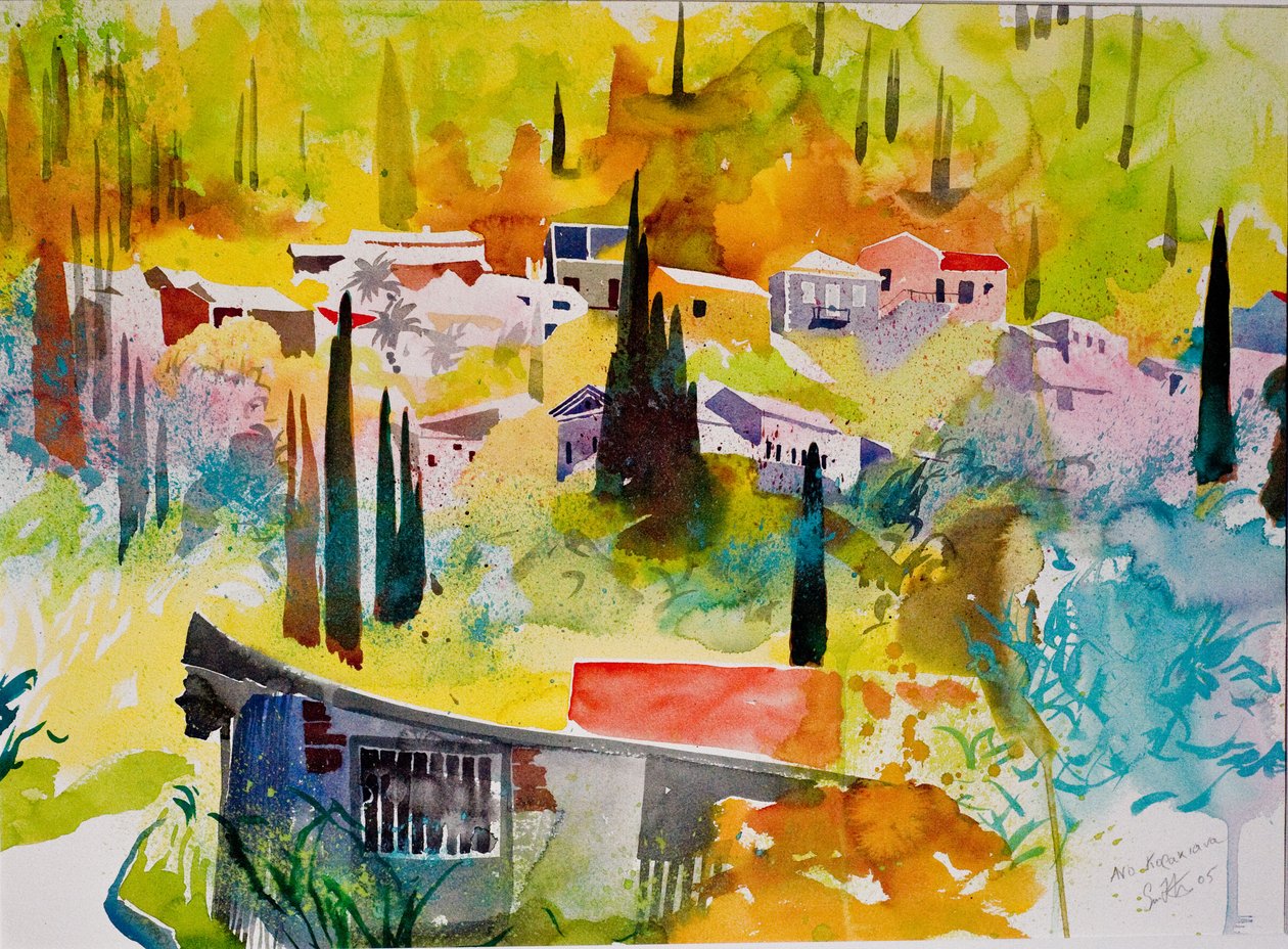 Ano Korakiana, Korfu, 2005 (akvarel på papir) af Simon Fletcher