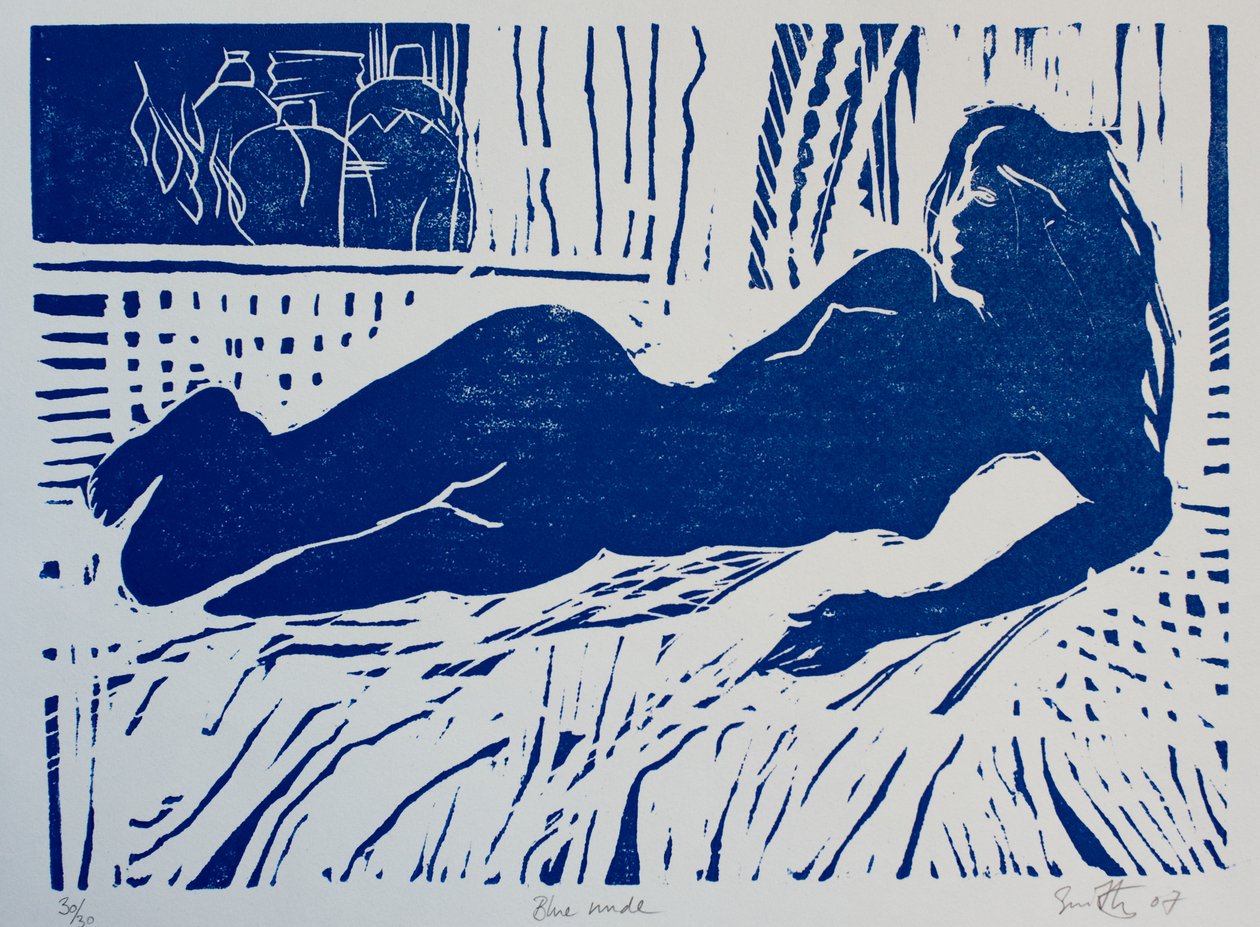 Blå nøgen, 2007 (træsnit) af Simon Fletcher