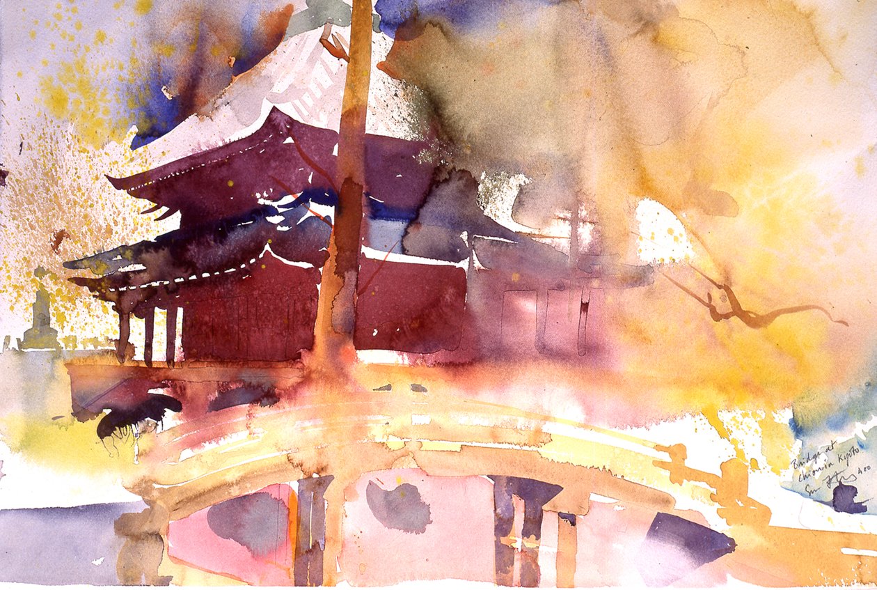 Broen ved Chion i Kyoto, 2000 (akvarel) af Simon Fletcher