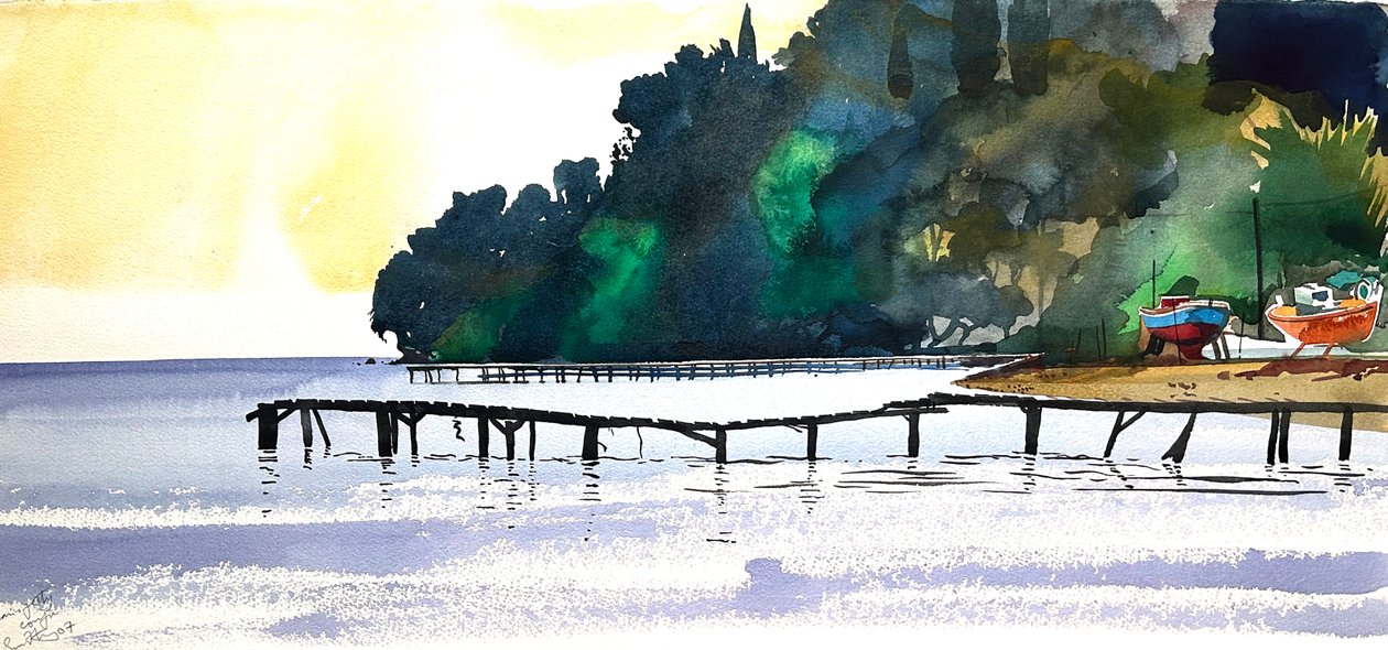 Korfus badebroer, 2007 (akvarel) af Simon Fletcher