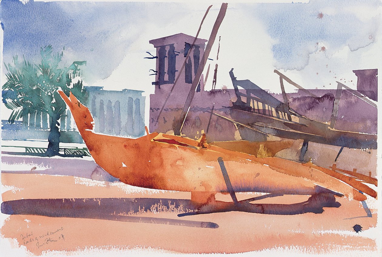 Dubai, Boats and Wind Towers, 2004 (akvarel på papir) af Simon Fletcher