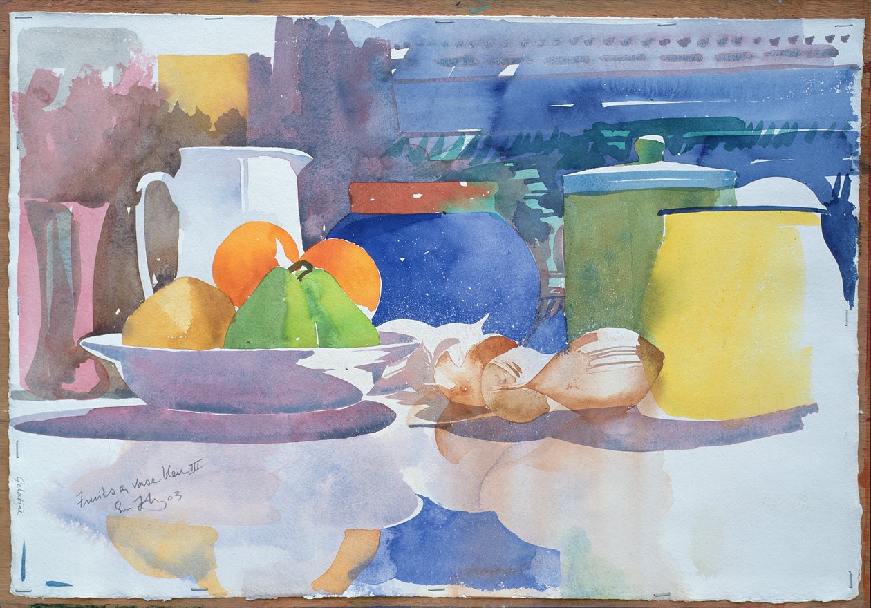 Fruits et Vase Bleu II, 2003 (akvarel på papir) af Simon Fletcher