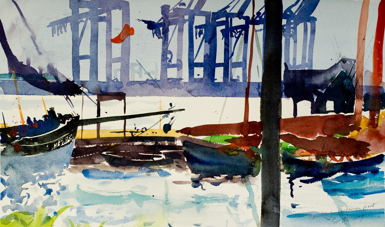Hamborg, containerhavn, 2009 (akvarel) af Simon Fletcher