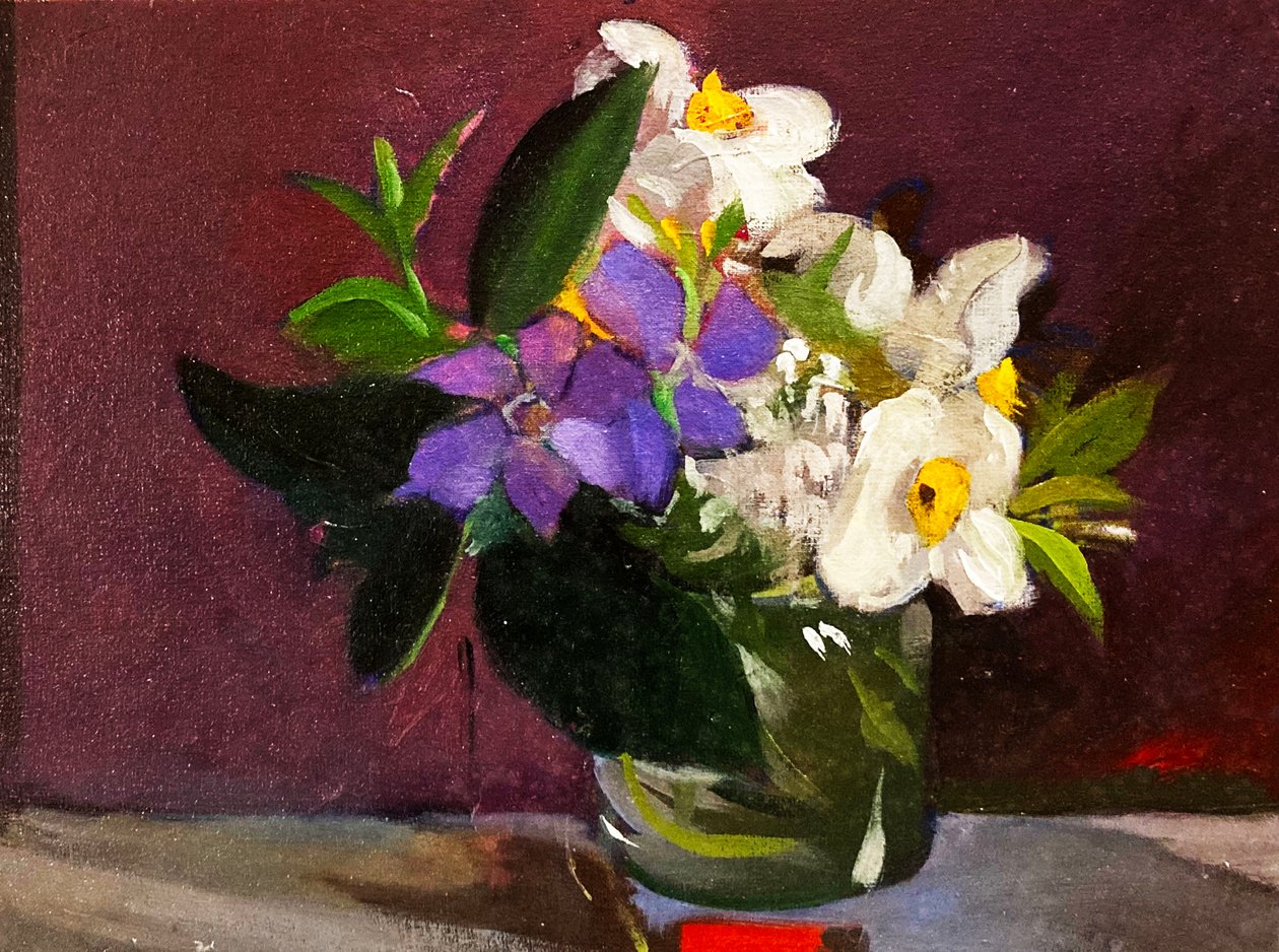 Julies blomster (olie på lærred på plade) af Simon Fletcher