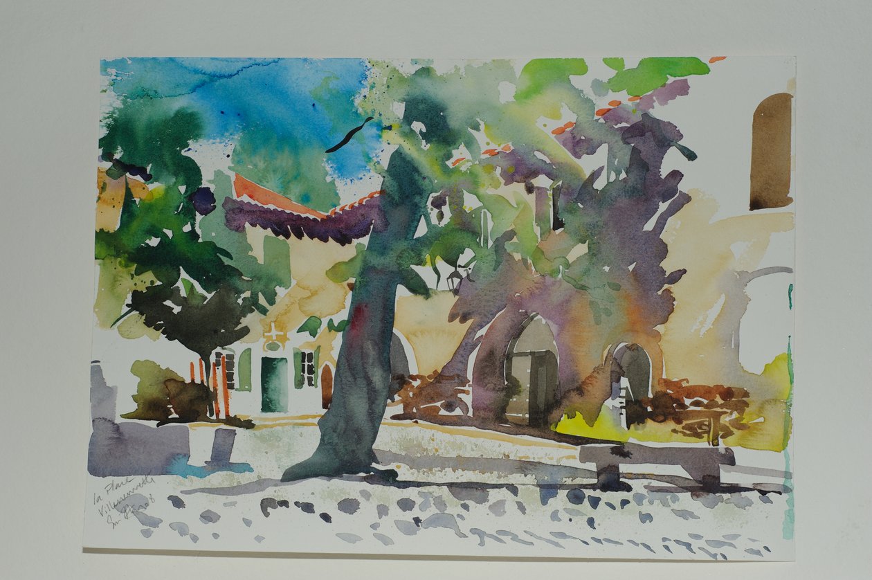 La Place, Villeneuvette, 2009 (akvarel på papir) af Simon Fletcher