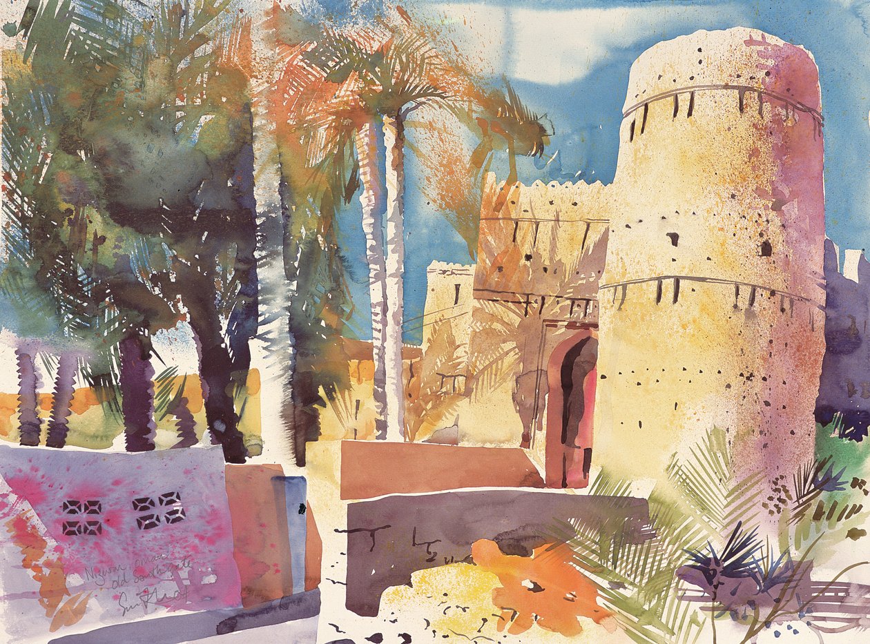 Nizwa Oman, Den gamle sydlige port, 2005 (akvarel) af Simon Fletcher