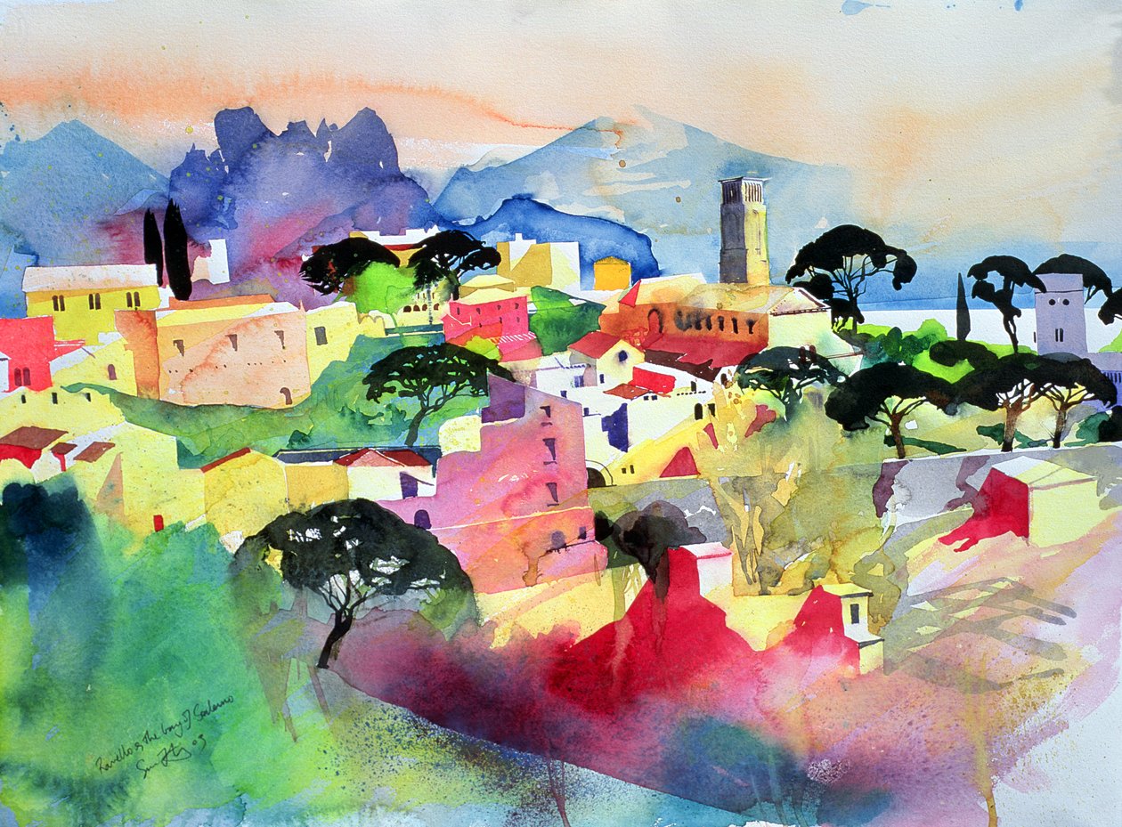 Ravello og Salerno-bugten, 2003 (akvarel på papir) af Simon Fletcher