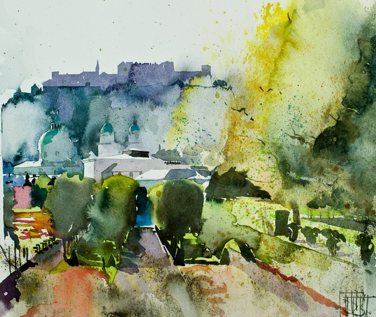Salzburg fra Mirabell-haven, 2008 (akvarel) af Simon Fletcher