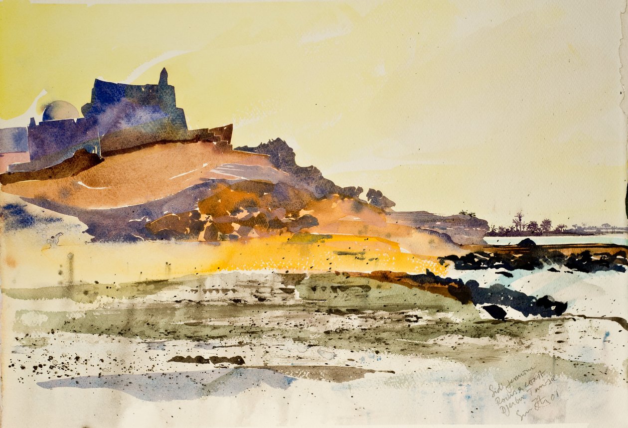 Sidi Jemour, klipper og kyst, Djerba Tunesien, 2000 (akvarel) af Simon Fletcher