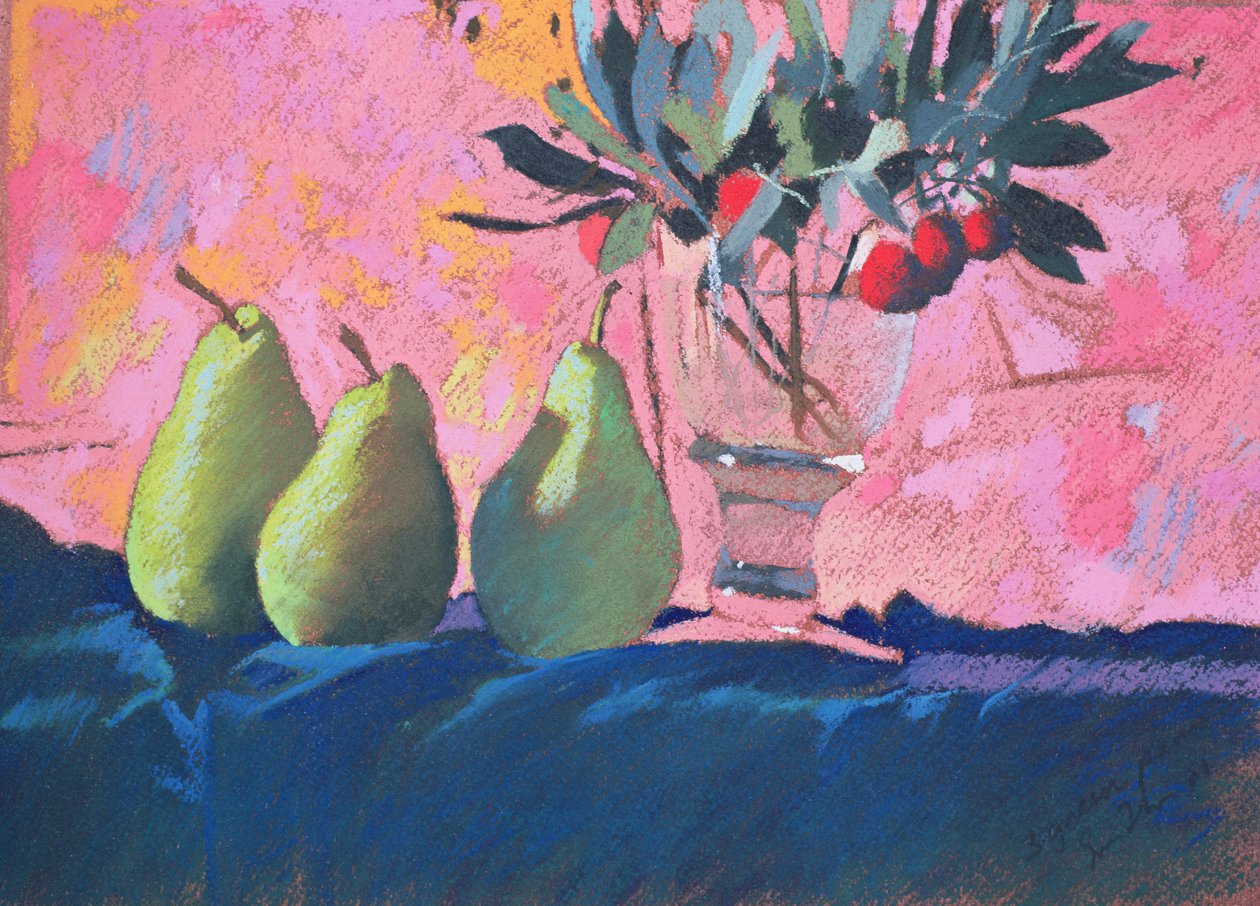 Tre grønne pærer, 2004 (pastel) af Simon Fletcher