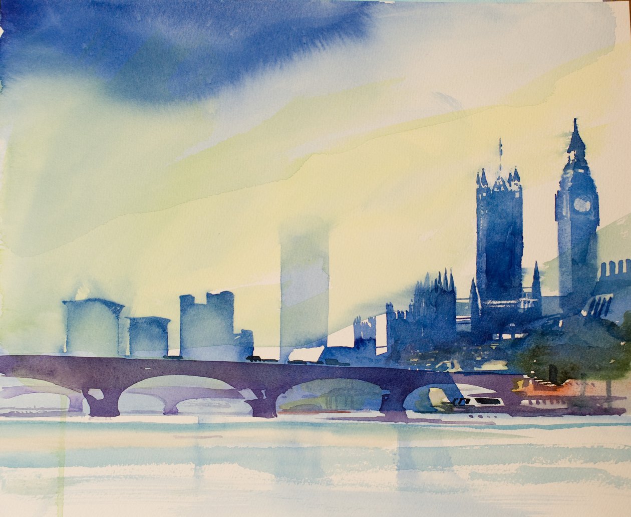 Westminster fra gangbroen, 2016 (akvarel) af Simon Fletcher