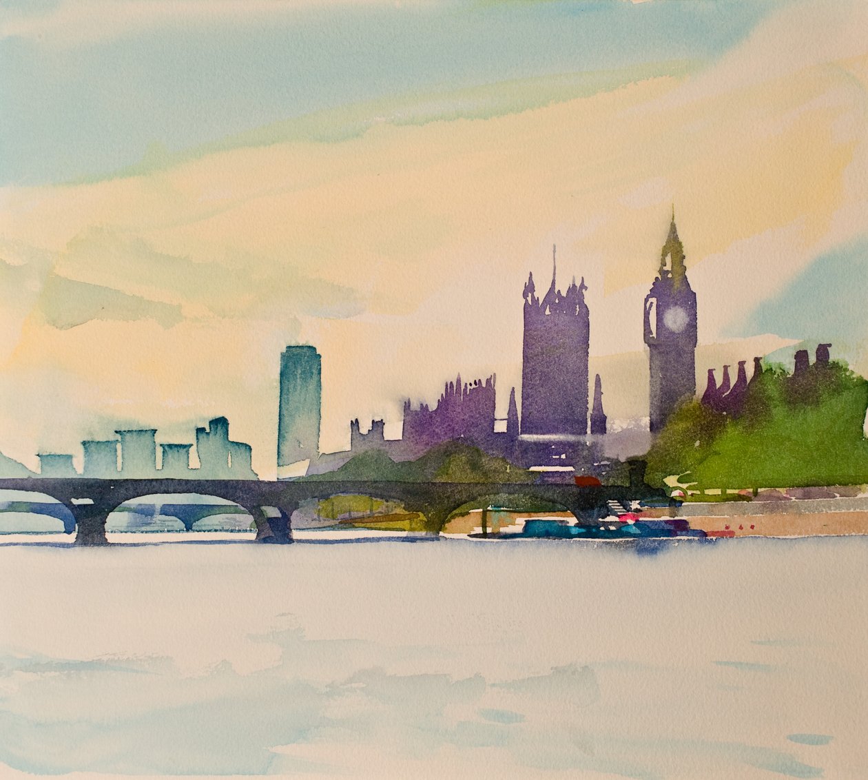 Westminster fra gangbroen II, 2016 (akvarel) af Simon Fletcher
