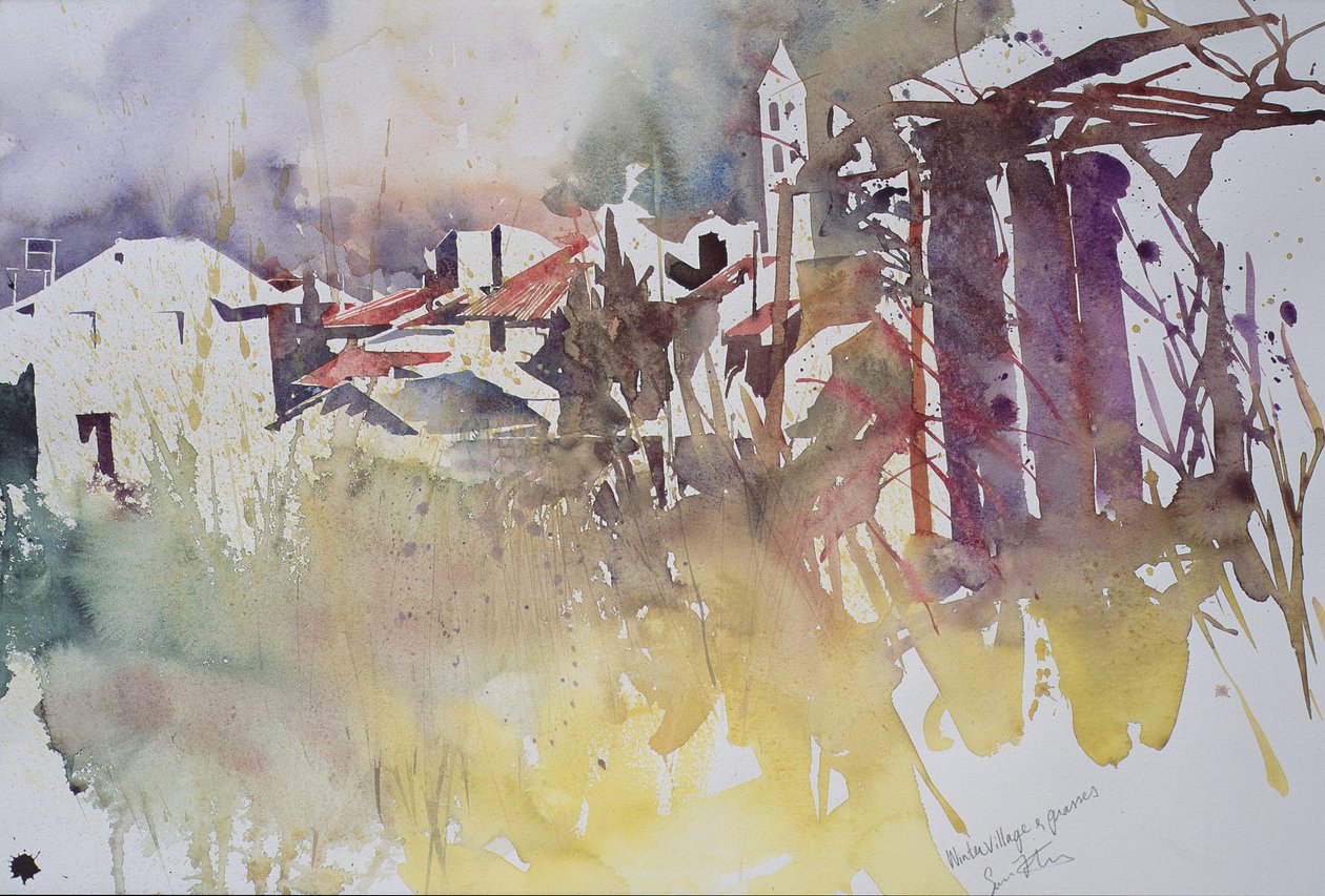 Vinterlandsby og græs, Frankrig, 2008 (akvarel) af Simon Fletcher
