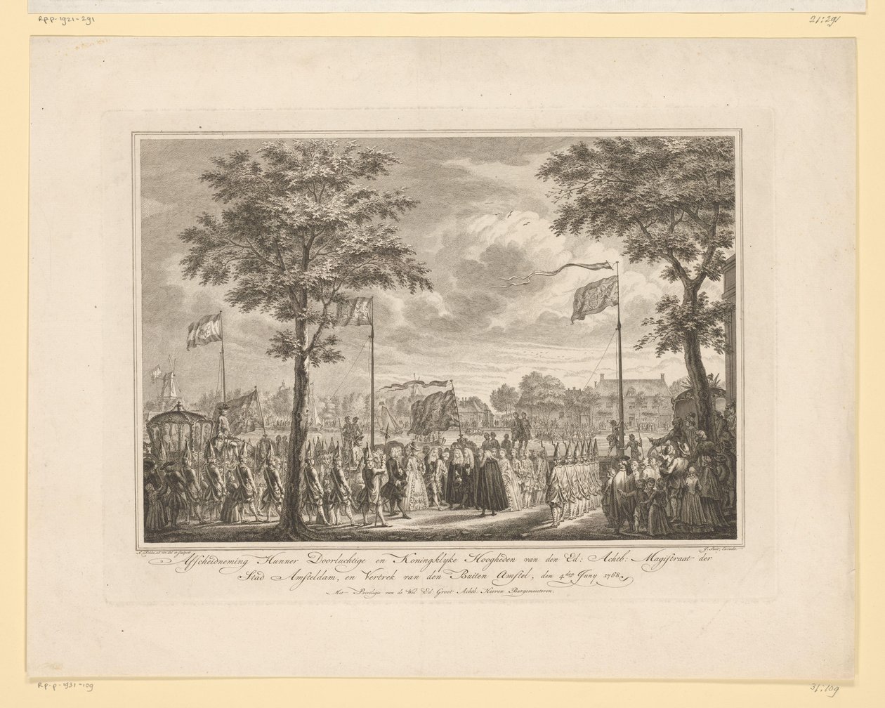 Farvel til Willem V og hans kone på Buiten Amstel, 1768 Farvel til deres fredfyldte og kongelige højheder van den Ed: Achtb: Magistrat i byen Amsteldam, og den Buiten Amstels afgang, den 4. juni 1768 (titel på objekt) Billede af Simon Fokke