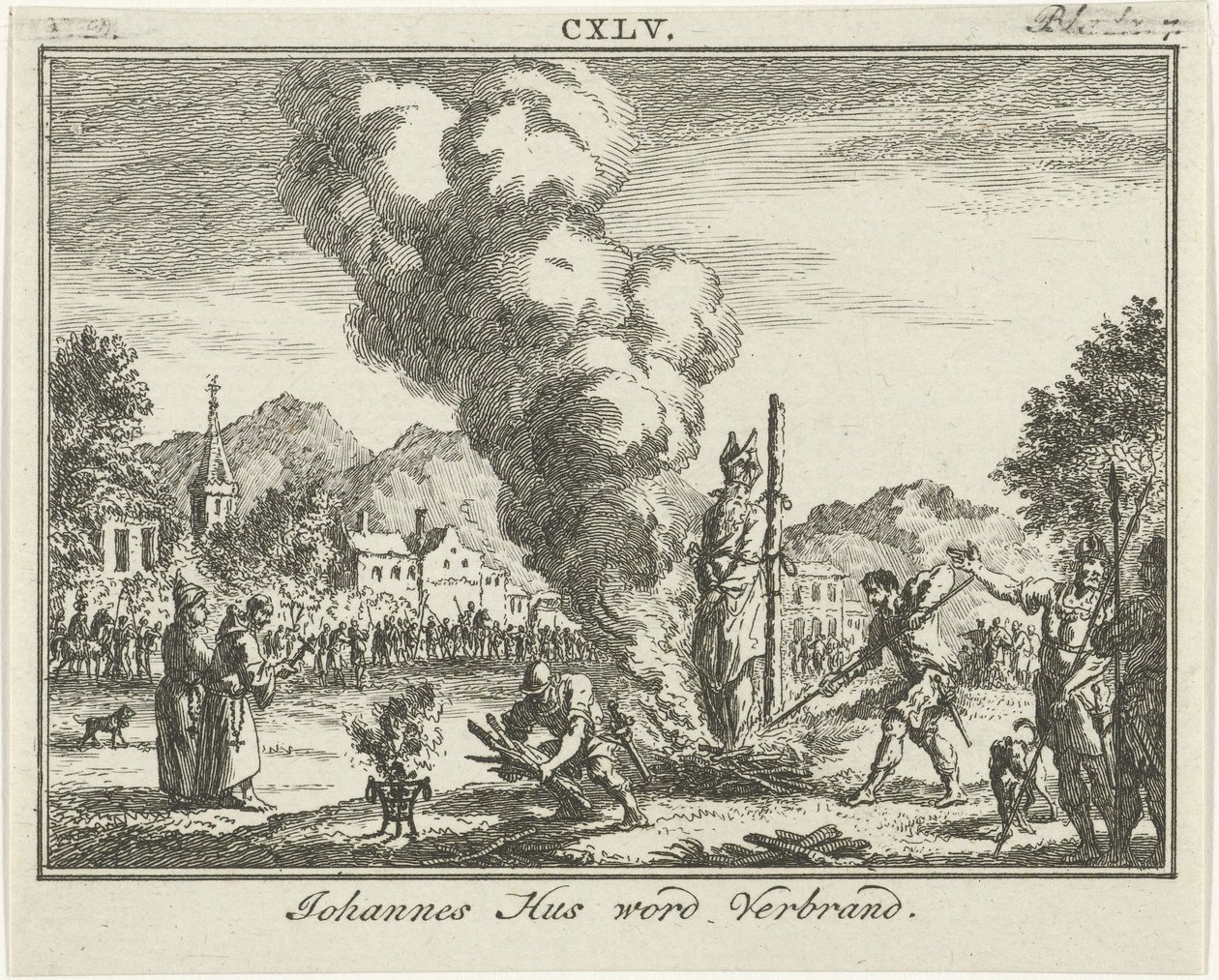 Afbrænding af Jan Hus på bålet, midten af 1700-tallet af Simon Fokke