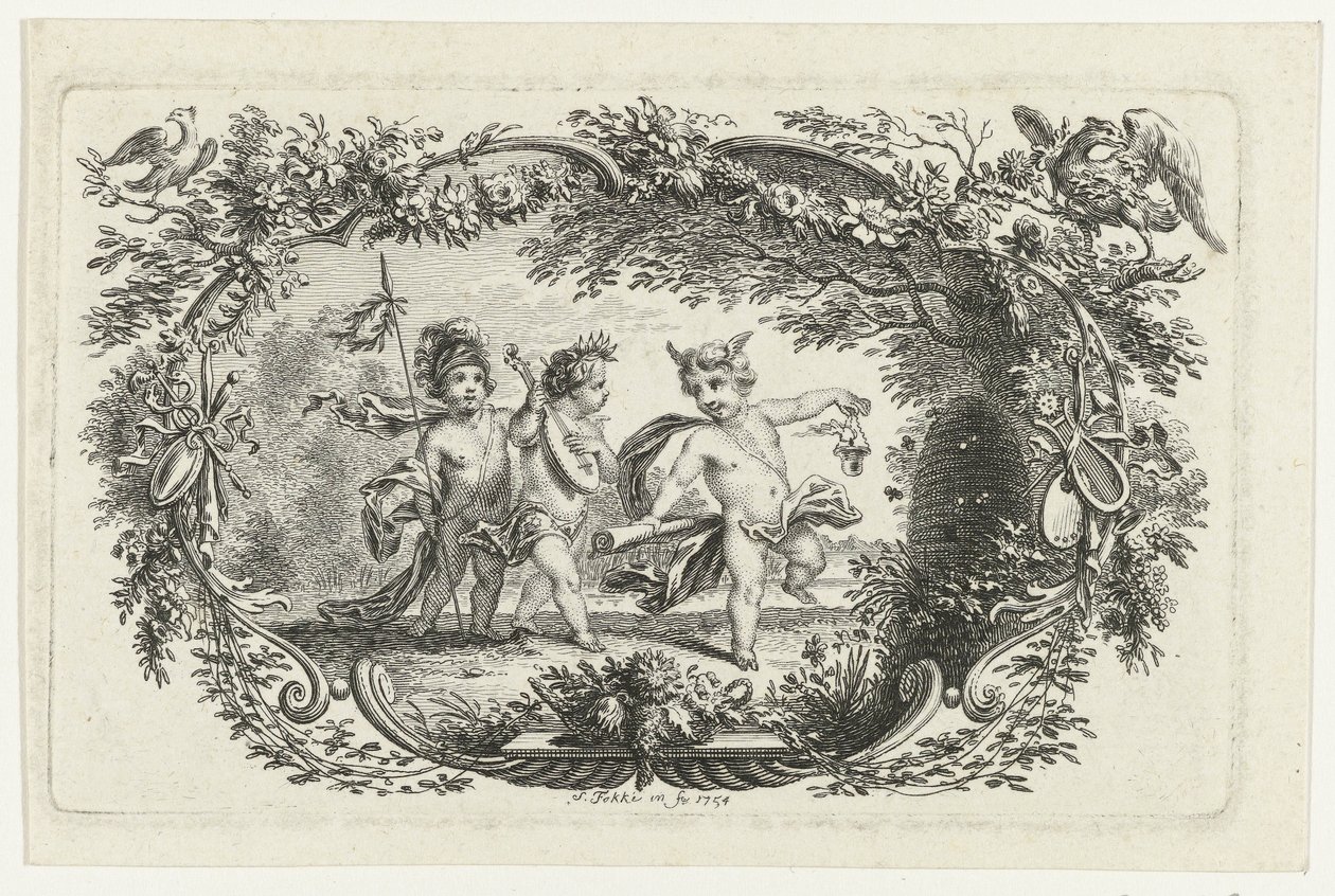 Tre putti ved en bikube af Simon Fokke