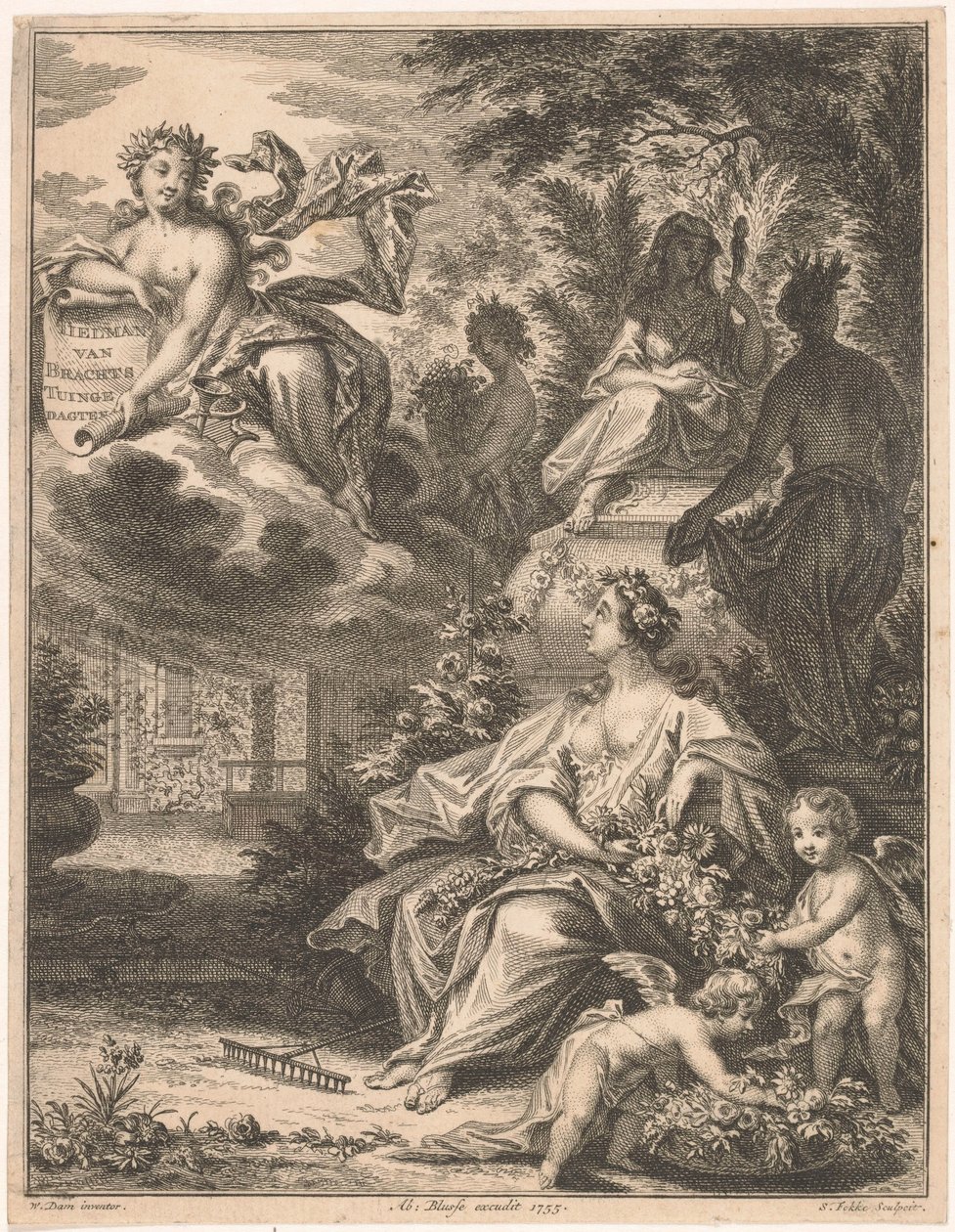 Flora i en have Titelside for: Tielman van Bracht, Tuingedagen. I seks kurser, 1754 af Simon Fokke