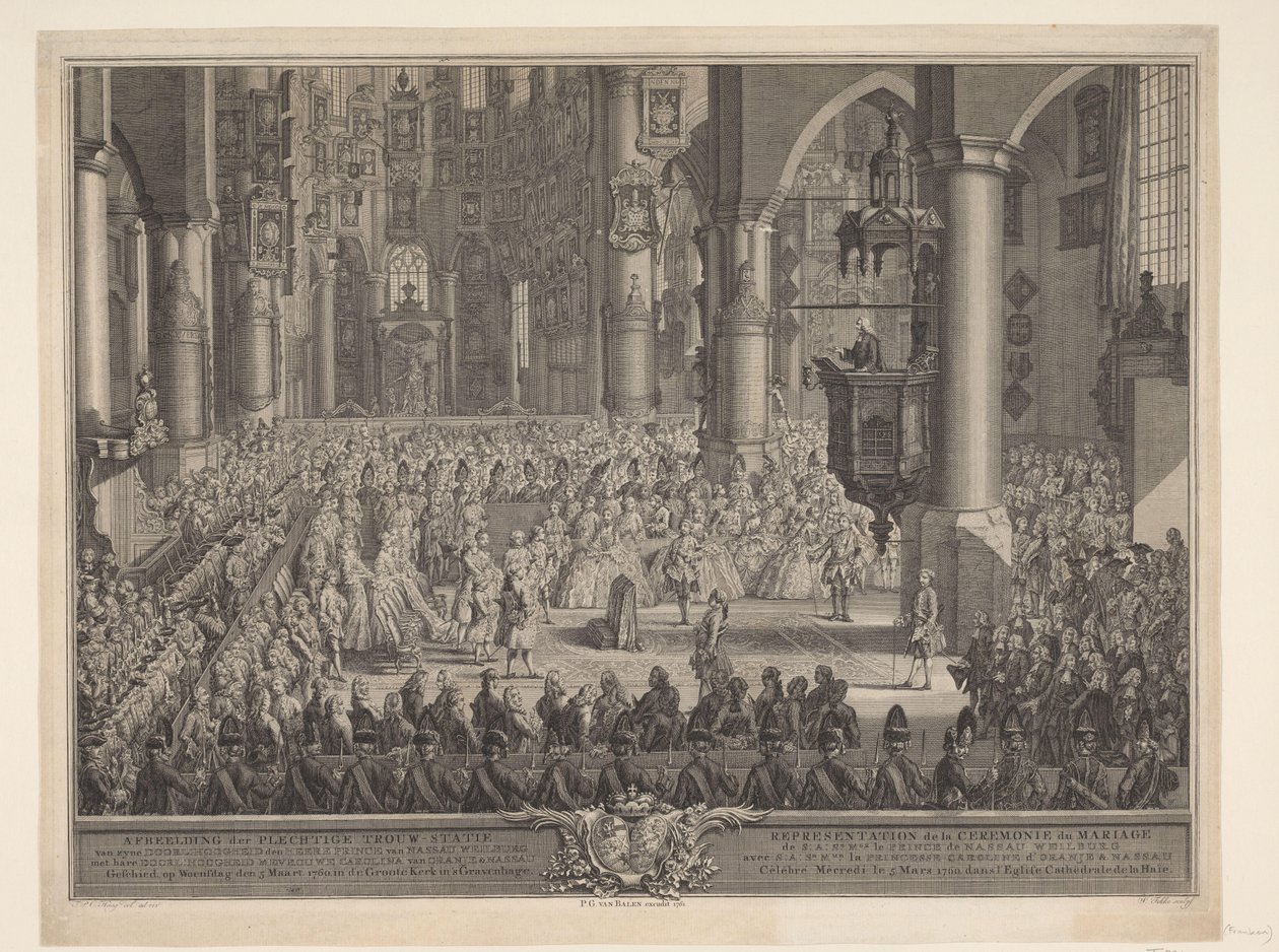 Ægteskab mellem Karel Christian van Nassau-Weilburg og prinsesse Carolina, 1760 Skildringen af ​​(...) prins van Nassau Weilburgs højtidelige bryllupsceremoni med (...) Carolina van Oranje & Nassau fandt sted onsdag den 5. marts 1760 i Groote Kerk in 