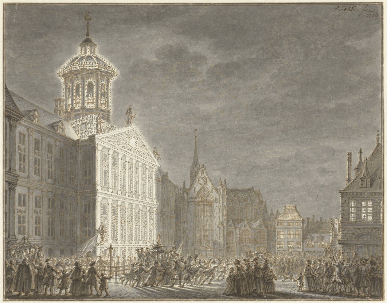 Belysning af rådhuset for Vilhelm V og Wilhelmina af Preussen, 1768 af Simon Fokke