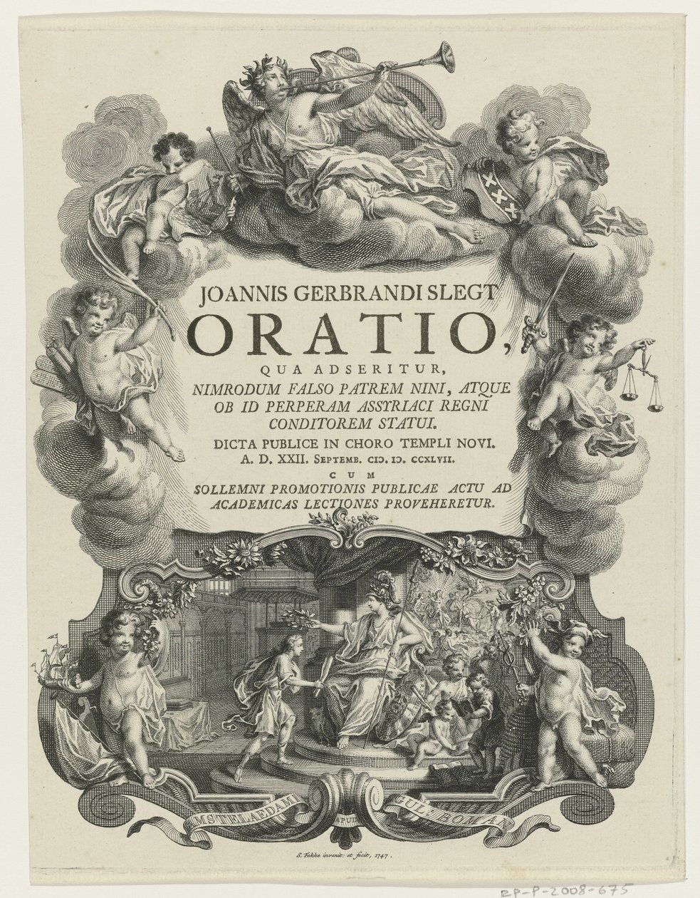 Minerva lauwert en ung mand med bul Titelside for: J.G. Slegt, Oration, hvori det hævdes, at Nimrod falsk er far til Nina (...), 1747 af Simon Fokke