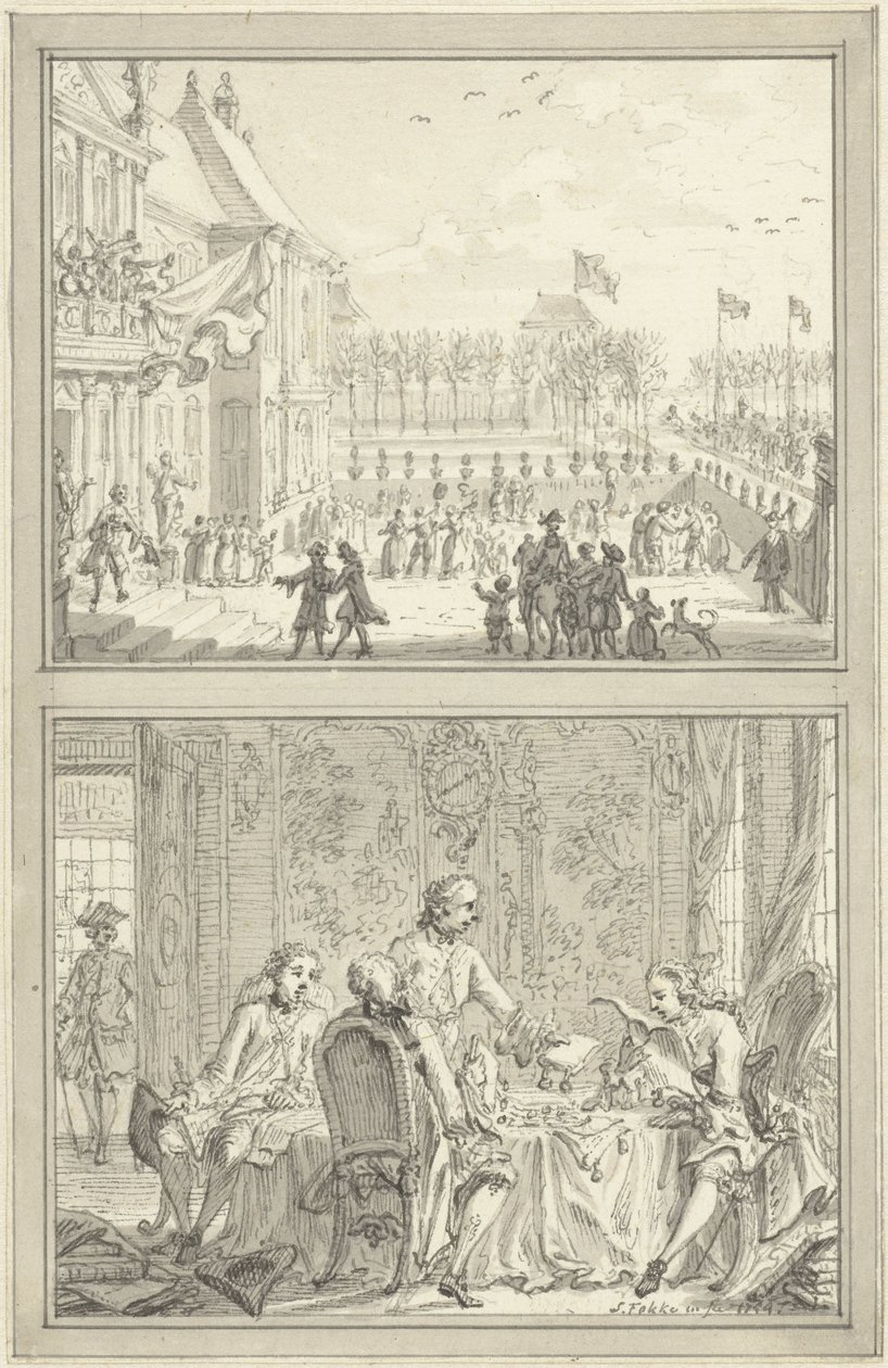 Honselaarsdijk Palace skifter ejer / Salg af de preussiske herredømmer til Anna van Hannover, 1754 af Simon Fokke