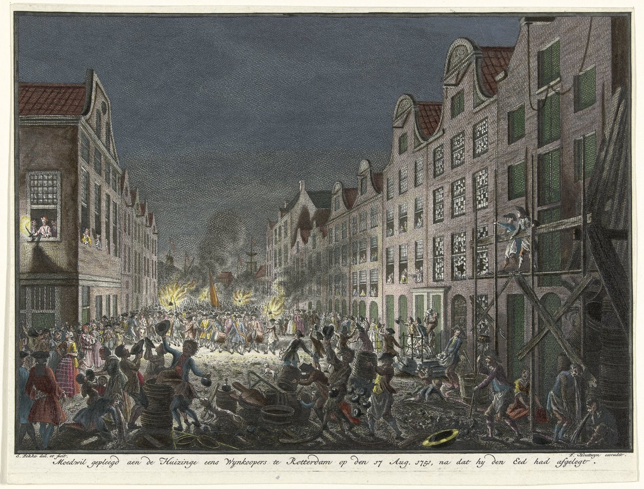 Plyndringer af en vinkøber Gerrit Hagedoorens hus i Rotterdam, 1751 Forsætlig vilje forpligtet til Huizinge gang Wynkoopers i Rotterdam den 17. aug. 1751, efter at han havde aflagt ed (titel på objekt) af Simon Fokke