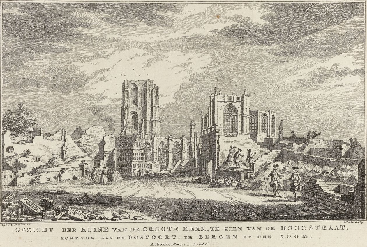 Ruin af den store kirke i Bergen op Zoom, 1748 Udsigt over ruinerne af Groote Kerk, set fra Hoogstraat, der kommer fra Bospoort, i Bergen op den Zoom (titel på objekt) Ti ansigter af ruinerne efter belejringen og ødelæggelsen af ​​Bergen op Z af Simon Fokke