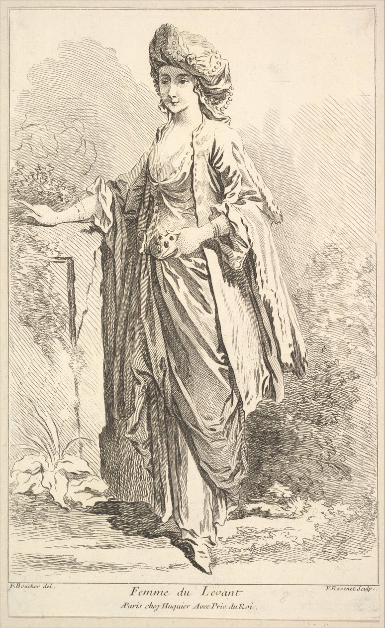Woman of the Levant, fra Samling af forskellige udenlandske figurer Opfundet af F. Bouc..., 1700-tallet. af Simon Francois Ravenet