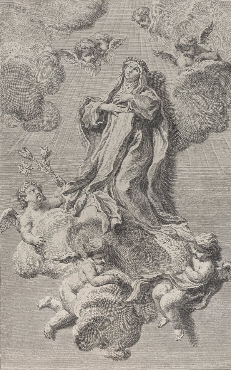 Den hellige Katarina af Sienas ekstase, knælende på en sky båret af engle, en af ..., 1729-40. af Simon Francois Ravenet