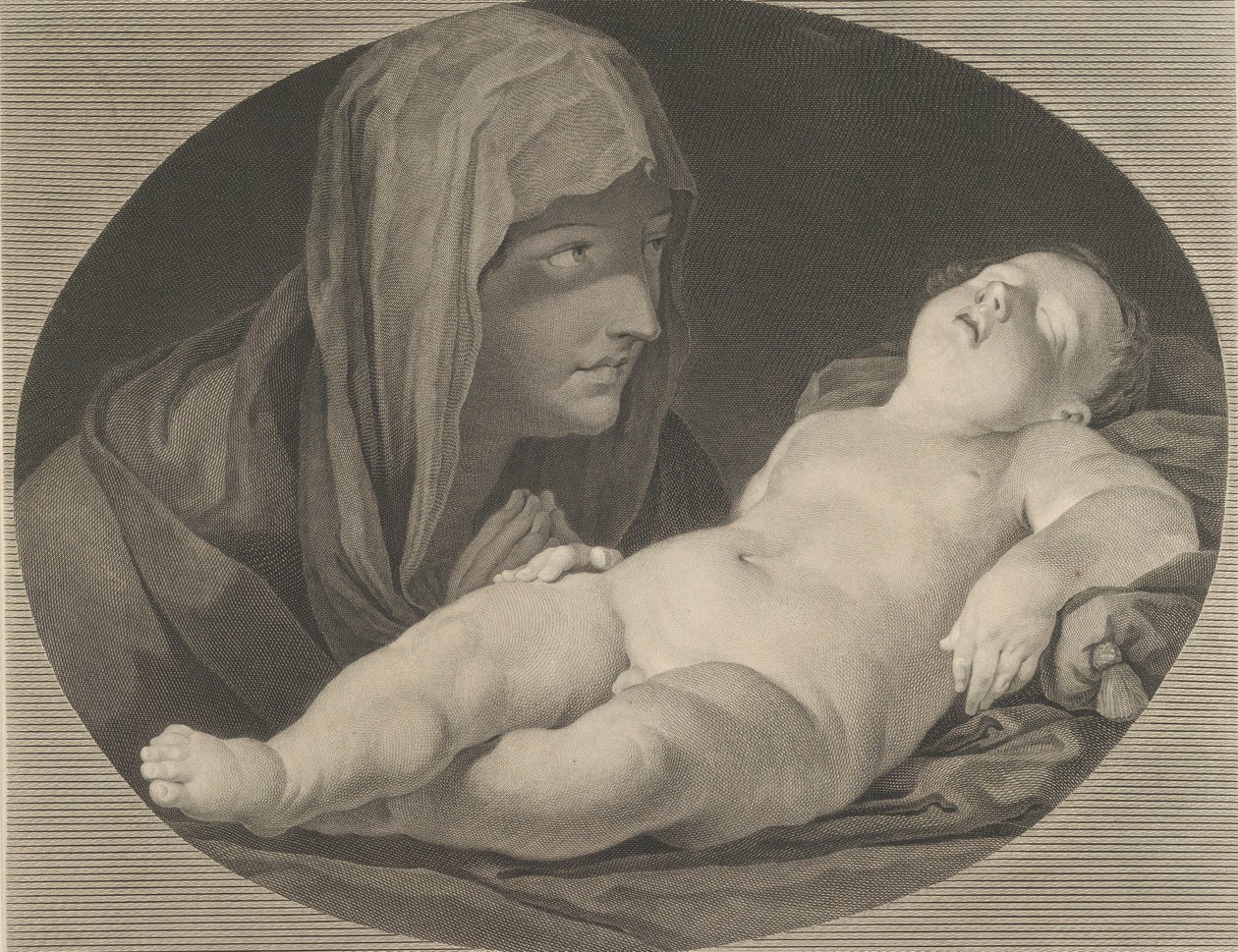 Jomfruen i bøn, ser på det sovende spædbarn Kristus, i en oval ramme, efter Reni,..., 1765. af Simon Francois Ravenet
