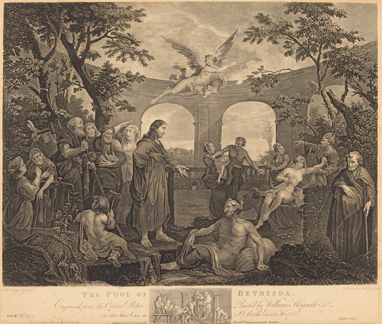 Poolen i Bethesda af Simon Francois Ravenet I and Victor Marie Picot after William Hogarth