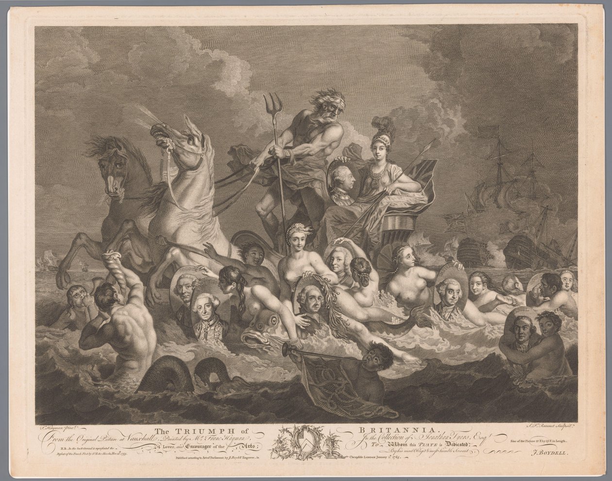 Allegori om den britiske flåde og sejren over den franske flåde The Triumph of Britannia (titel på objekt) af Simon François Ravenet (le vieux)