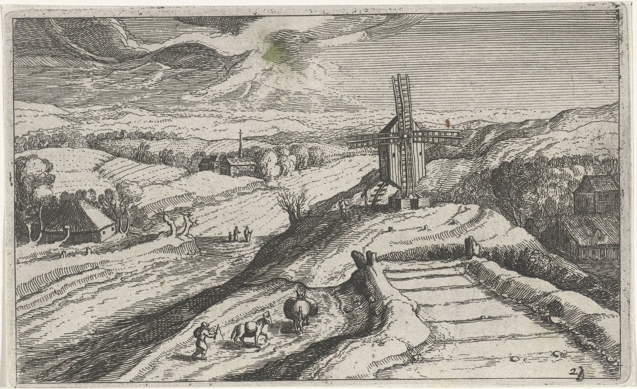 Bakket landskab med en vindmølle Forskellige landskaber (serietitel) Topographia variarum regionum (serietitel) af Simon Frisius (attributed to)