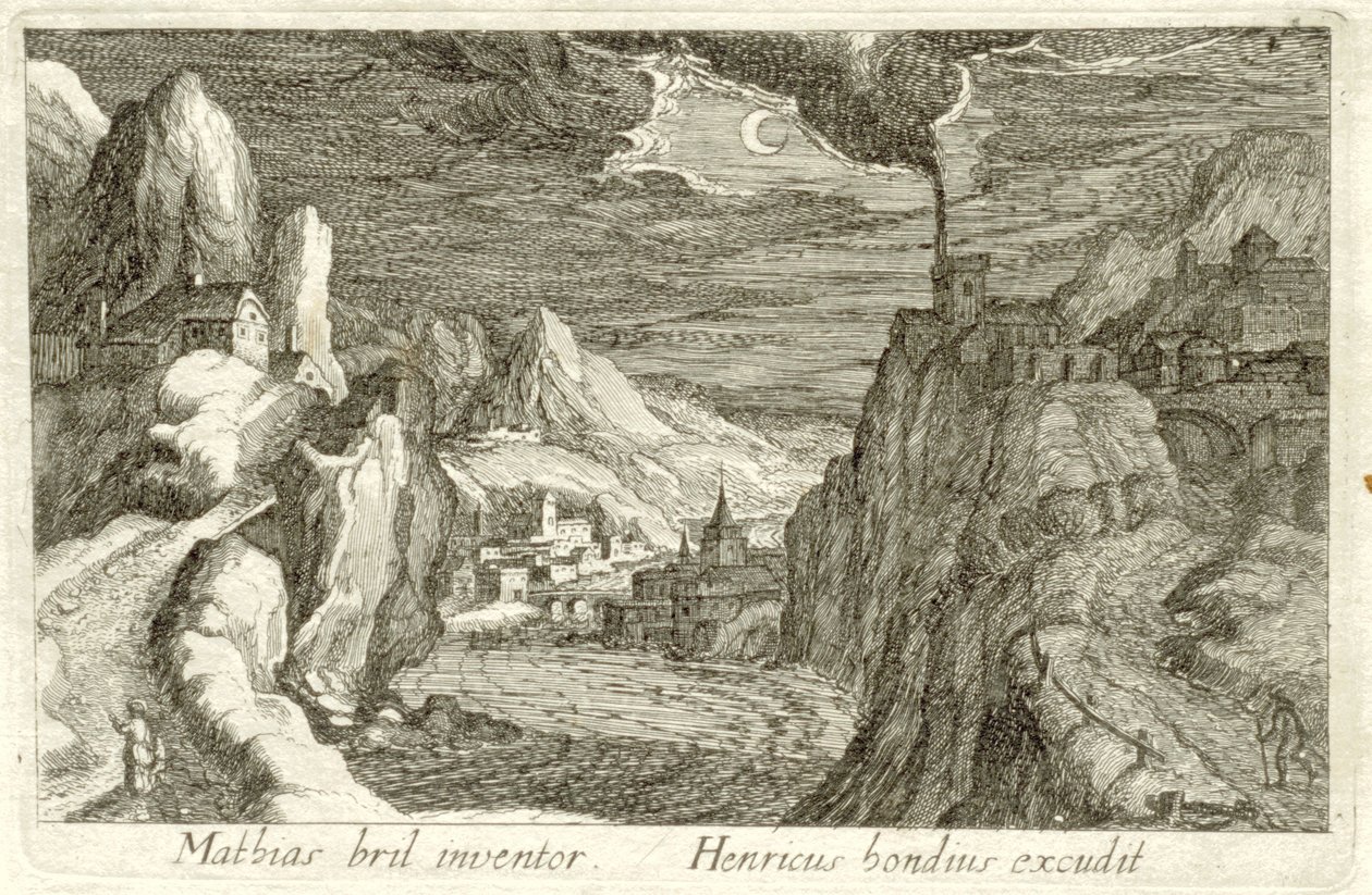 Flodlandskab ved måneskin Forskellige landskaber (serietitel) Topographia variarum regionum (serietitel) af Simon Frisius (attributed to)