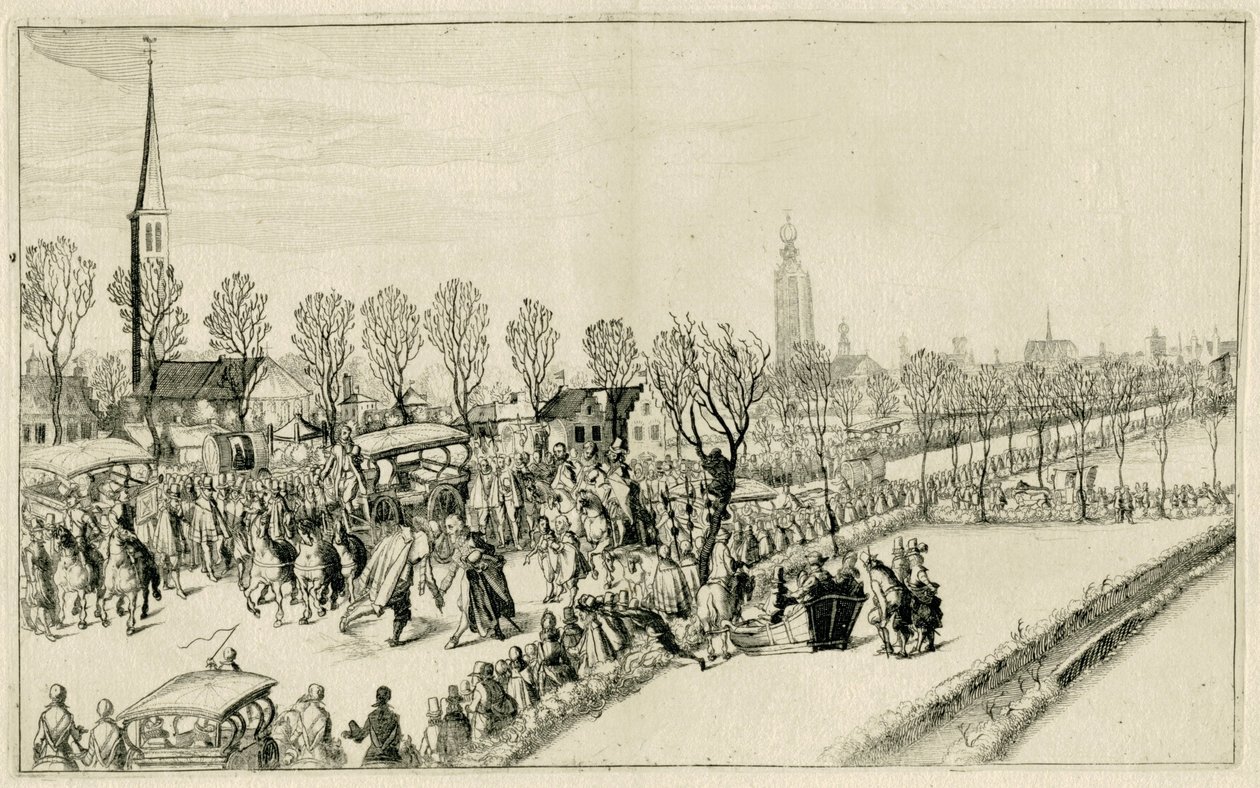 Ankomst af de fem spanske ambassadører til Rijswijk, februar 1608 Scener fra krigen i 1608 og 1609 (serietitel) af Simon Frisius