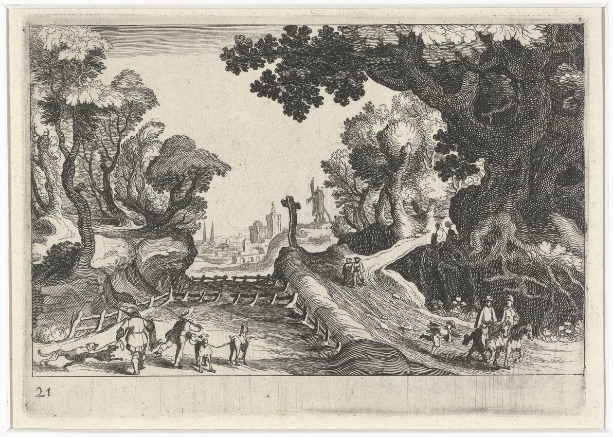 Skovlandskab med et kryds langs en sti Sydeuropæiske landskaber (serietitel) Topographia variarum regionum (serietitel) af Simon Frisius