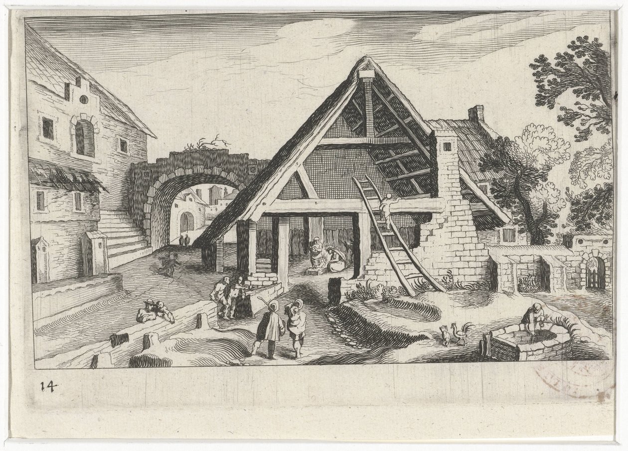 Udsigt over landsbyen med den hellige familie Sydeuropæiske landskaber (serietitel) Topographia variarum regionum (serietitel) af Simon Frisius