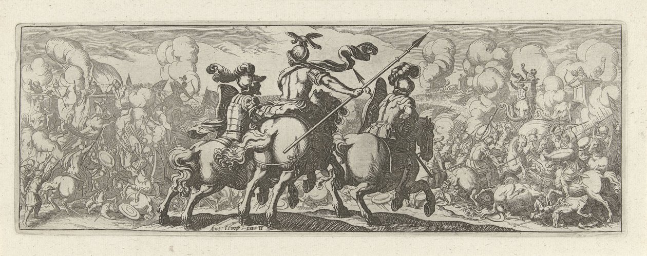 Tre cavaleristen bij een veldslag med olifanten Cavalry (serietitel) Faecvnda hvad er den elskede af Phaebus og den taknemmelige Florentia til mænd af ivrig geni, nok er vist af pvgnas, enthea ved kraften af ​​de bryster, som Mercury udskårne den garvede k af Simon Frisius