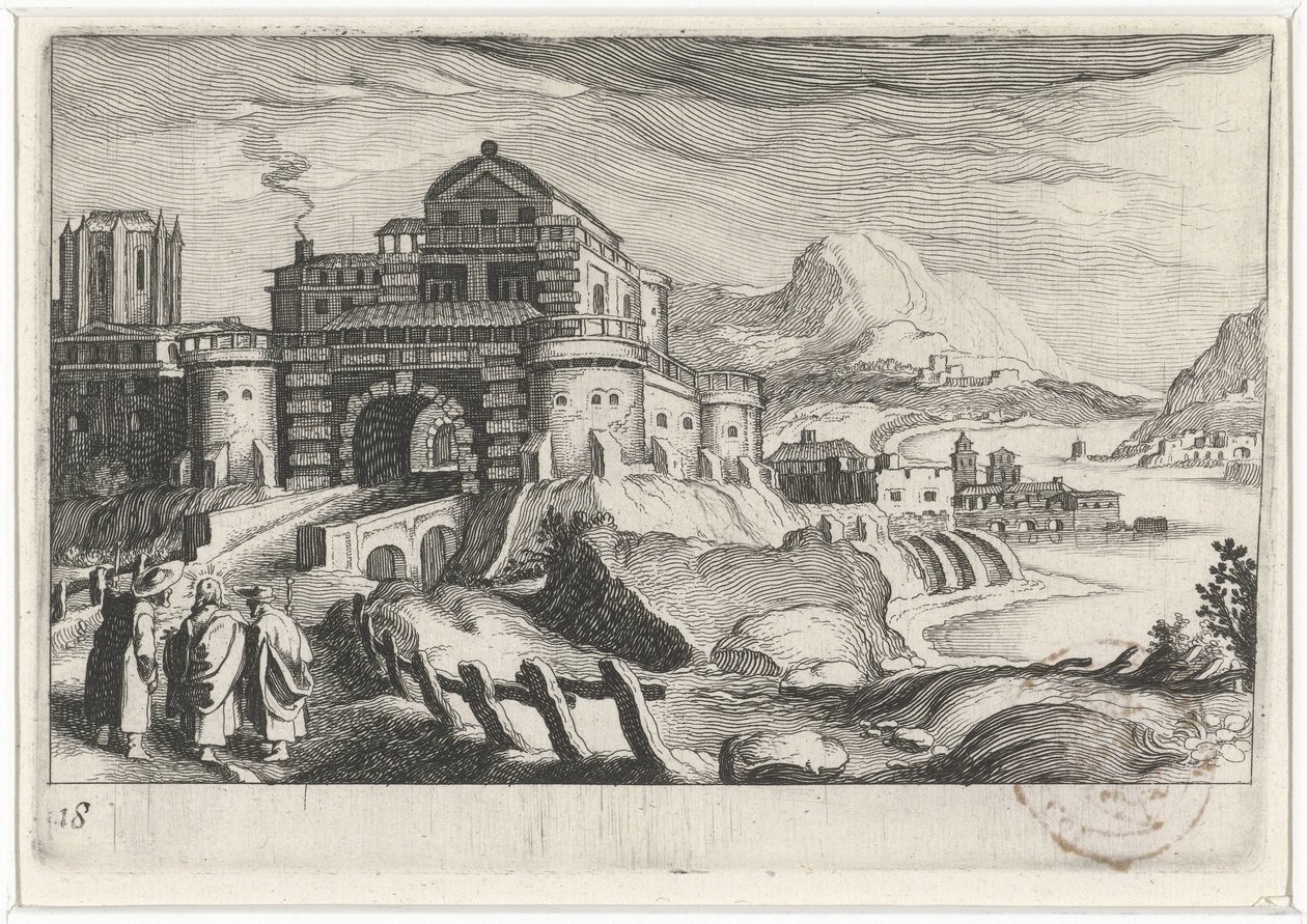 Emmäus-folk foran en byport i et bjerglandskab Sydeuropæiske landskaber (serietitel) Topographia variarum regionum (serietitel) af Simon Frisius
