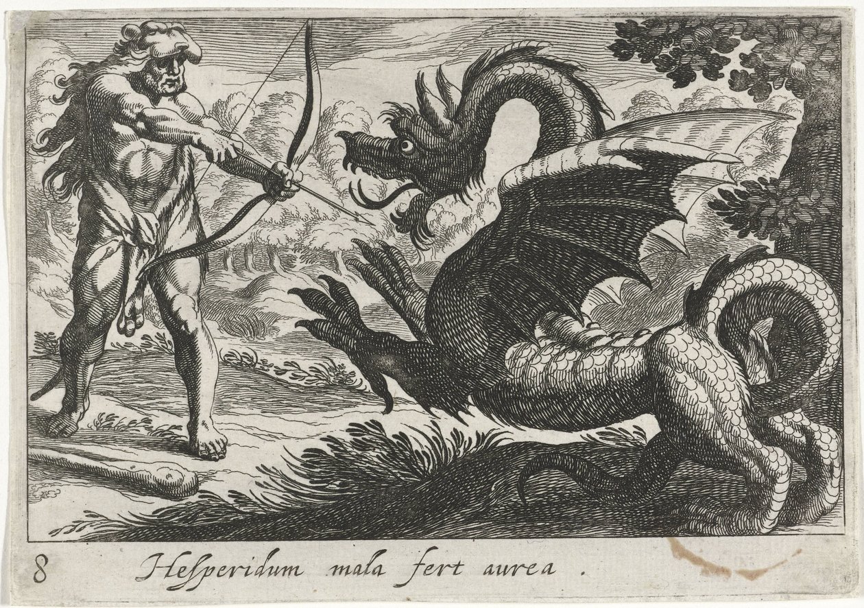 Hercules dræber dragen Ladon Hesperidum mala fert aurea (titel på objekt) Herkuliske temaer (serietitel) af Simon Frisius