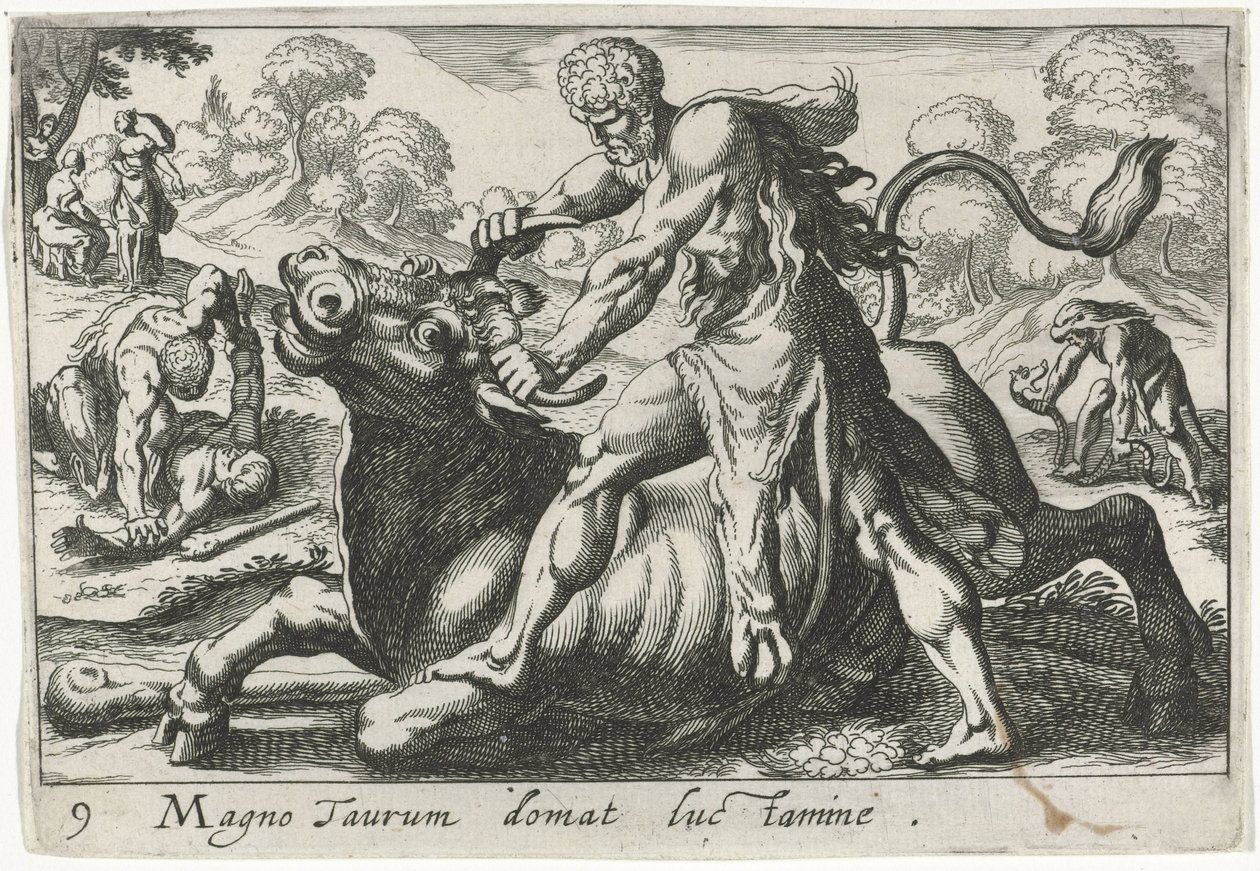 Hercules i kamp med Achelous Han tæmmer en stor tyr ved at bryde (titel på objekt) Herculische temaer (serietitel) af Simon Frisius