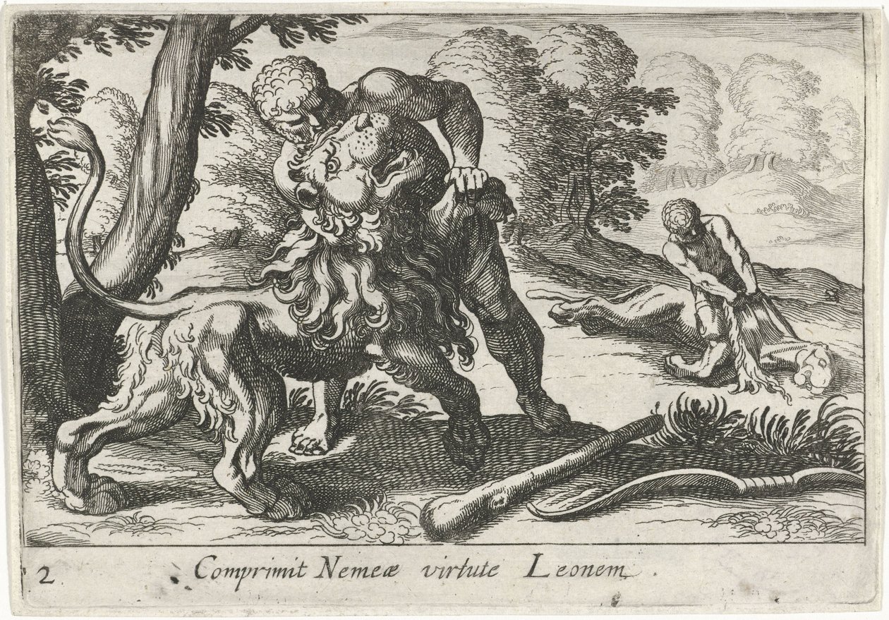 Hercules kæmper mod Nemean-løven Comprimit Nemeae virtute Leonem (titel på objekt) Herculean Themes (serietitel) af Simon Frisius