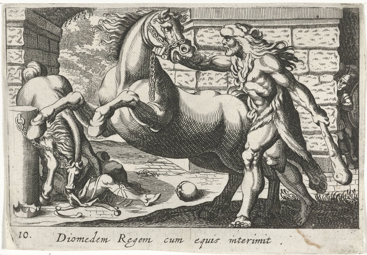 Hercules temt de paarden van Diomedes Kong Diomedes med heste (titel på objekt) Herculische temaer (serietitel) af Simon Frisius