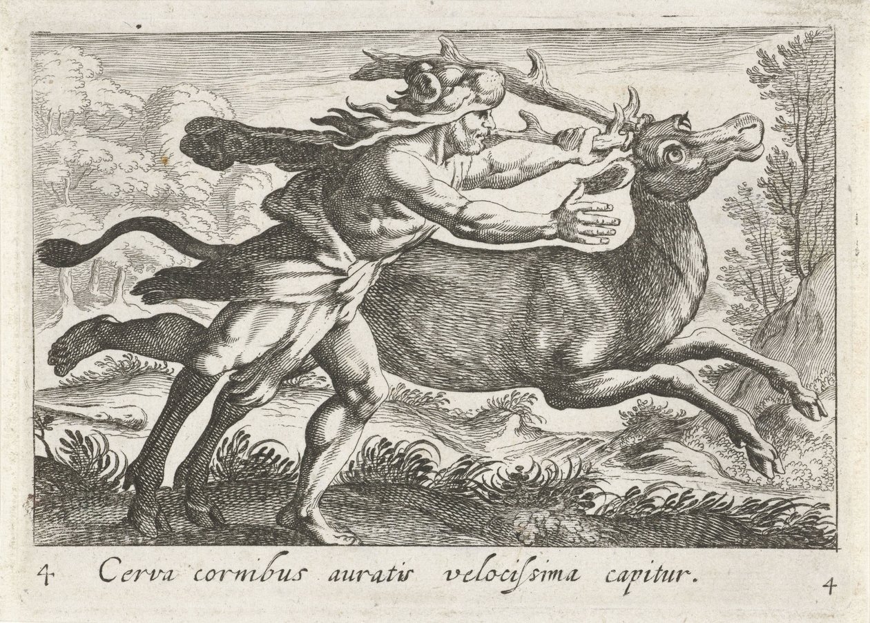 Hercules vangt de Hind van Cerynea En hjort med gyldne horn fanges meget hurtigt (titel på objekt) Herculische temaer (serietitel) af Simon Frisius