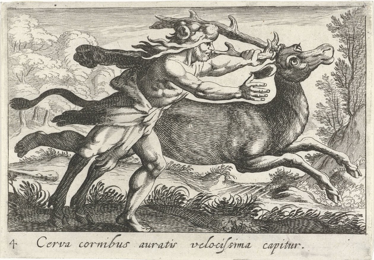 Hercules vangt de Hind van Cerynea En hjort med gyldne horn fanges meget hurtigt (titel på objekt) Herculische temaer (serietitel) af Simon Frisius