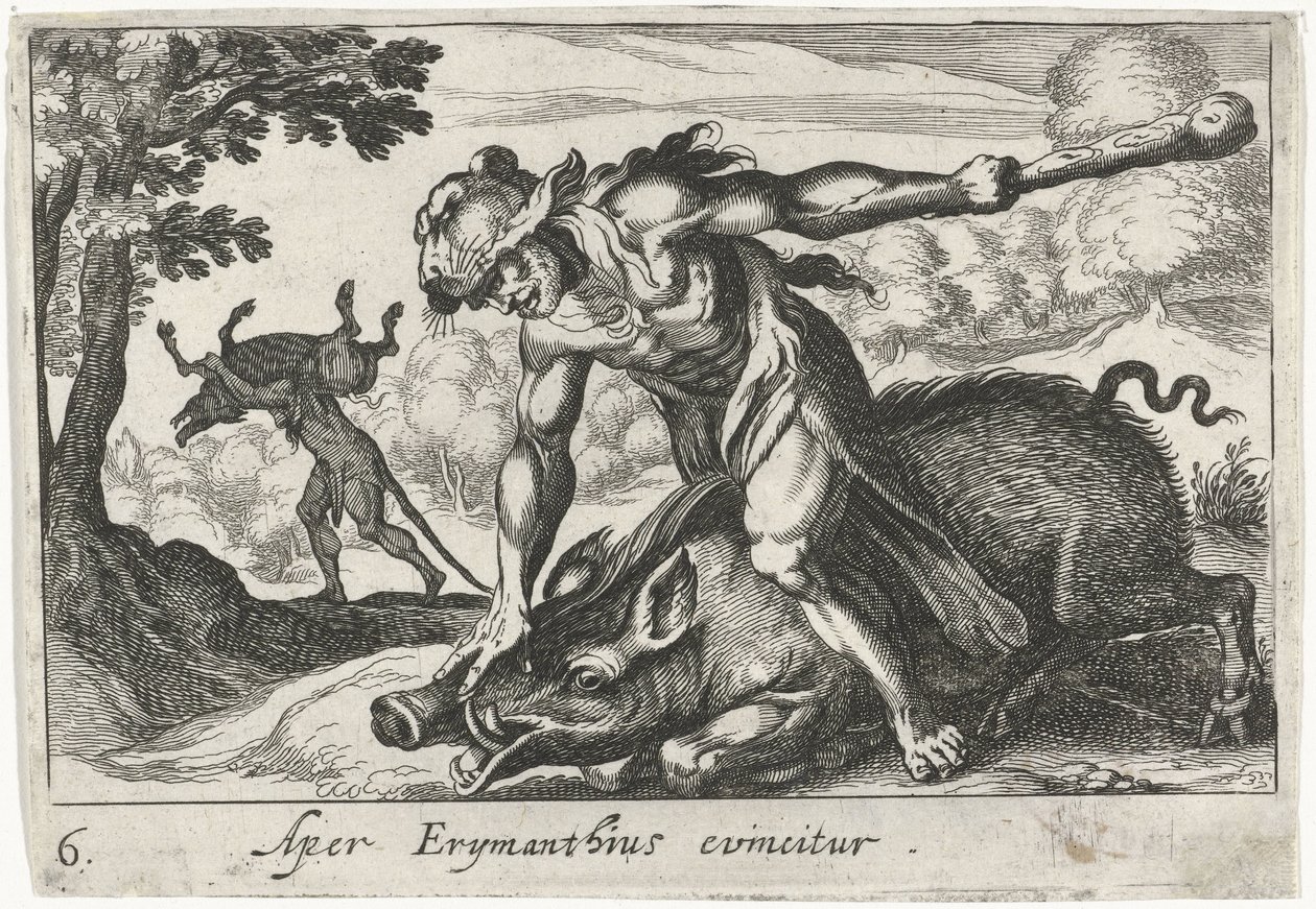 Hercules fanger svinene fra Erymanthus Aper Erymanthius evincitur (titel på objekt) Herkuliske temaer (serietitel) af Simon Frisius