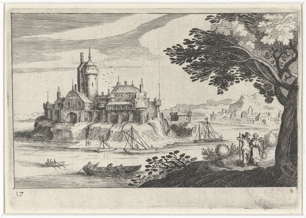 Bakket landskab med et slot på en ø Sydeuropæiske landskaber (serietitel) Topographia variarum regionum (serietitel) af Simon Frisius