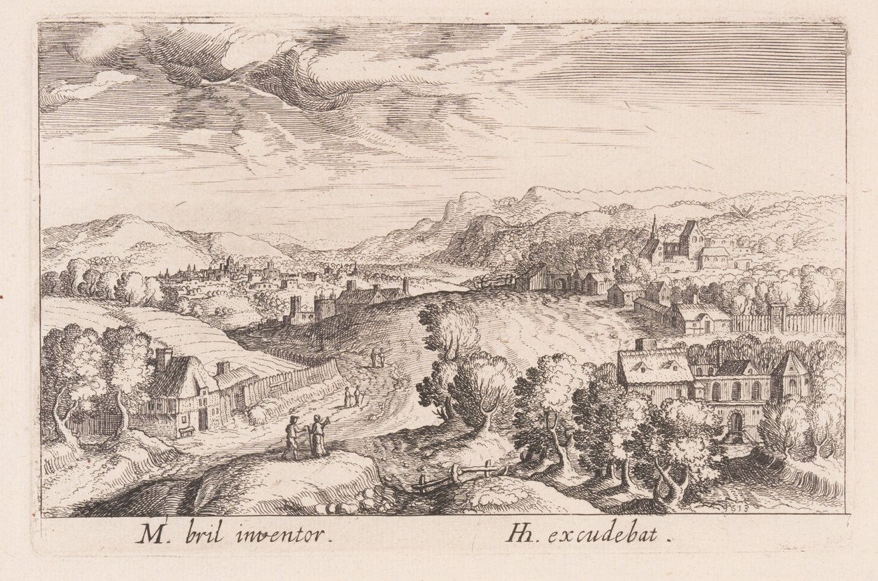 Bakket landskab med tre par, fra Topographia Variarum Regionum af Simon Frisius
