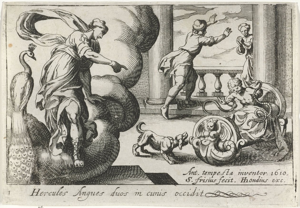 Jonge Hercules wurgt twee slangen Hercules dræber to slanger i deres vugger (titel på objekt) Herculische temaer (serietitel) af Simon Frisius