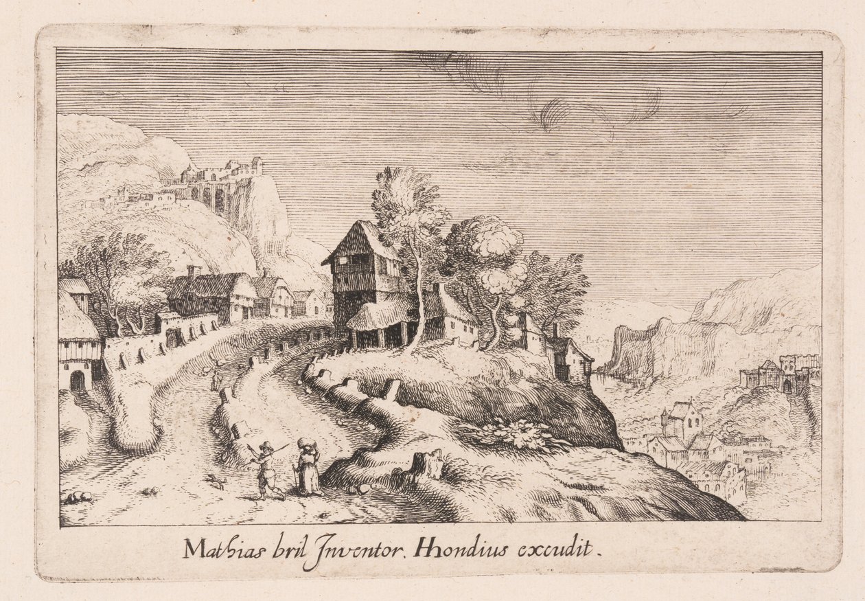 Landskab med en sti op ad et bjerg gennem en landsby, fra Topographia Variarum Regionum af Simon Frisius
